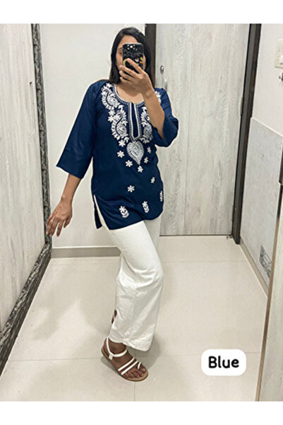 MYSMAR Blue Rayon Embroidery Chikan Work Top - FFT5822 | Blue