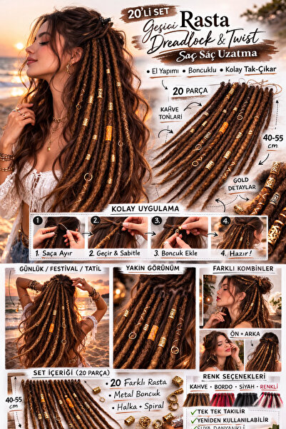 YASEMİN KAPLAN Temporary Rasta Set |   Removable Dreadlock Hair Accessory |  ...