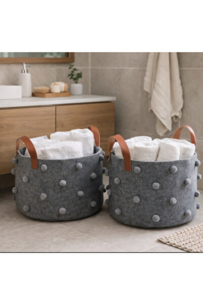 Home 30x30 cm Ponponlu Keçe Sepet – Dekoratif Düzenleyici, Ev ve Banyo Organizer Sepeti