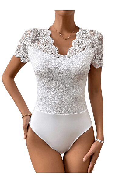 OEM Body cu Dantelă Elegant - Decolteu în V, Mânecă Scurtă, Slim Fit - Alb, M...