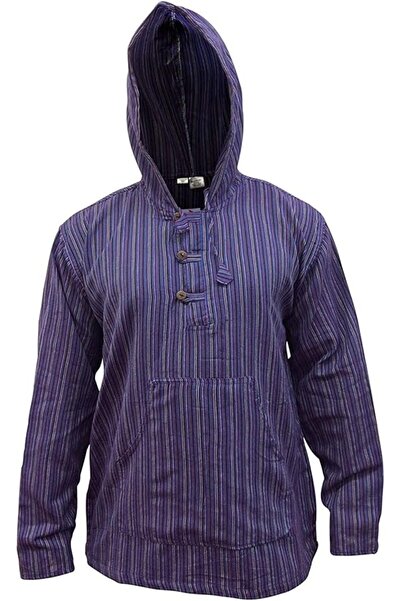 OEM Men's Hooded Shirt Dharke - 100% Cotton, Boho Style Striped - Purple Mix, M
