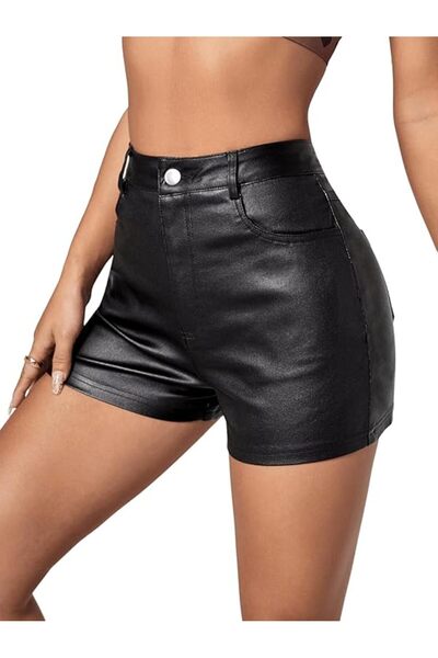 OEM Pantaloni Scurți Damă - Piele Ecologică PU, Talie Înaltă, Slim Fit - Negr...