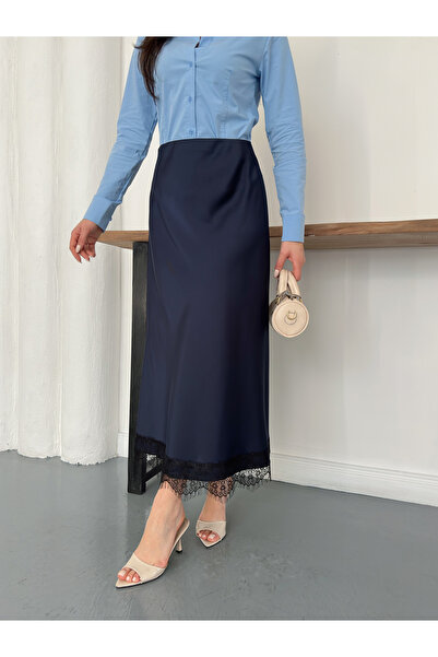Ekim Store Lace Detailed Midi Length Luxurious Satin Skirt