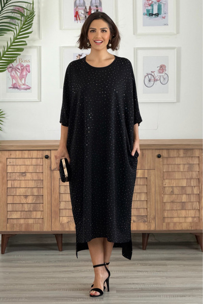 Nevin Kaya Moda Black Crystal Viscose Dress with Spliced Stones