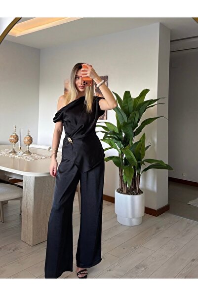 Jungle Quzu Gold Tokalı Saten Şık Pantolon Bluz Siyah Kadın Takım