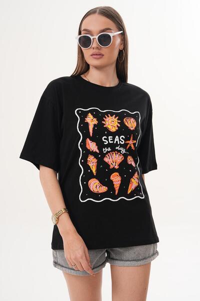 ŞİMAL Γυναικείο μπλουζάκι με λεπτομέρεια στάμπας και λαιμόκοψη ποδηλάτου, ove...