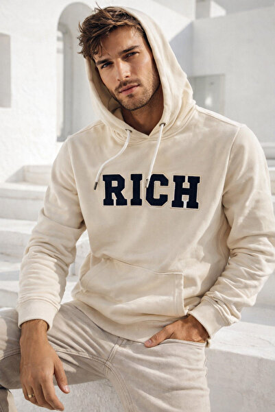 Rich Мъжка бежова памучна блуза с качулка и принт