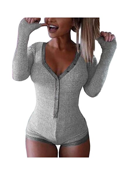 OEM Body Damă Reiat - Mânecă Lungă, Decolteu V, Închidere Nasturi - Gri Închi...