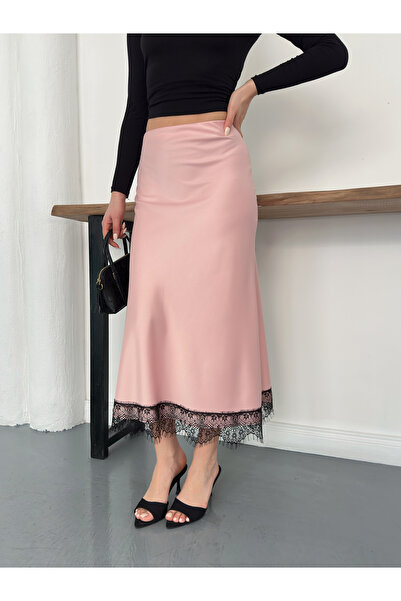 Ekim Store Lace Detailed Midi Length Luxurious Satin Skirt