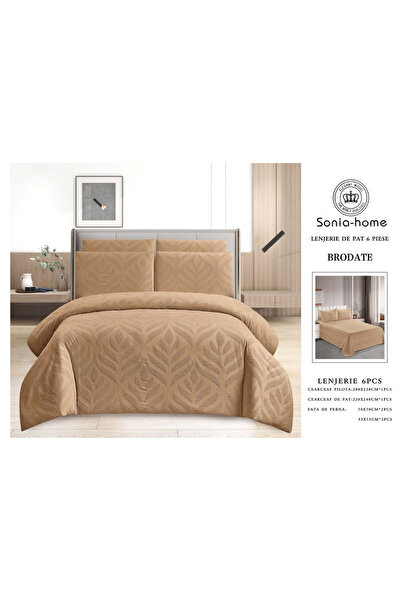 FIONNA.RO Superior Fine Duvet Cover Set With Embroidered Print - Brown With L...