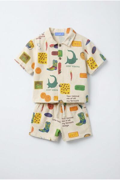 Magu Boy's Cotton Beige Just Vibing Printed Shirt and Shorts Set