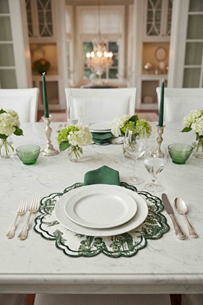 decofav Bloom Green Toile Patterned Green Embroidered American Placemat 39X39...