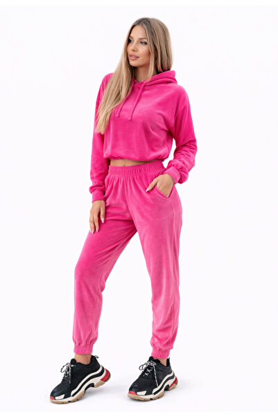 Nobrand Women's Hot Pink Velvet Set – Cropped Sweatshirt & Jogger Pants with ...