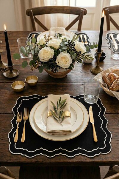 decofav Tableau Μαύρο Τουάλε με μοτίβο και ροζ κέντημα, Αμερικάνικο σερβίς 43...