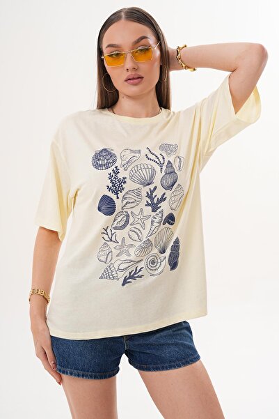 ŞİMAL Γυναικείο μπλουζάκι με λεπτομέρεια στάμπας και λαιμόκοψη  "ποδήλατο " o...