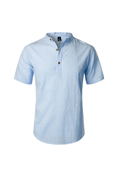 OEM Men's Henley Shirt - Cotton and Linen, Short Sleeve, Slim Fit, Blue, Size S