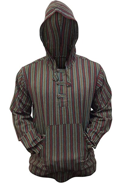 OEM Cămașă Bărbătească cu Glugă - Bumbac 100%, Stil Boho Hippie, Dungi Verde ...