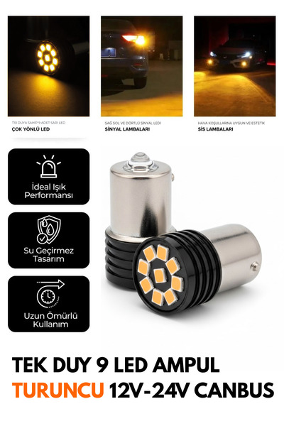 C9 Tek Duy 9 Led Ampul Turuncu Geri Vites Led Ampulü 12V-24V Canbus 1156 ba15...