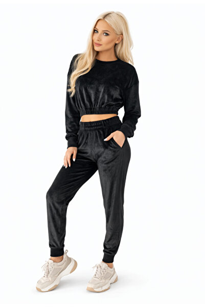 Nobrand Women's Black Velvet Set – Cropped Blouse & Jogger Pants with Pocketed