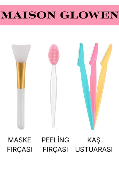MAISON GLOWEN 3'Lü Bakım Seti -Peeling Fırçası-Maske Fırçası-3lü Kaş Usturası
