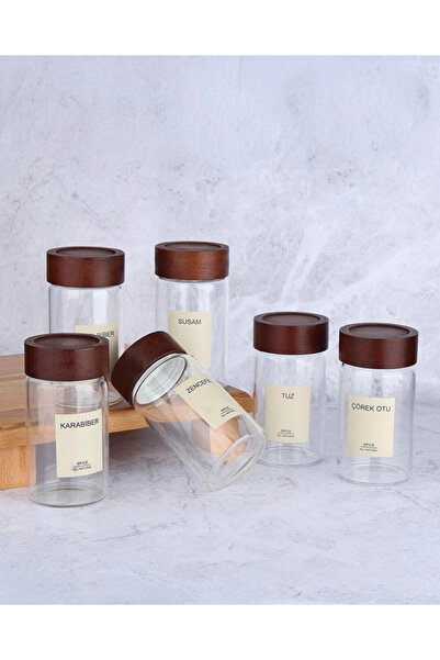 MİEN MEN 70913 طقم توابل زجاجي بغطاء خشبي 300 سي سي، 6 قطع