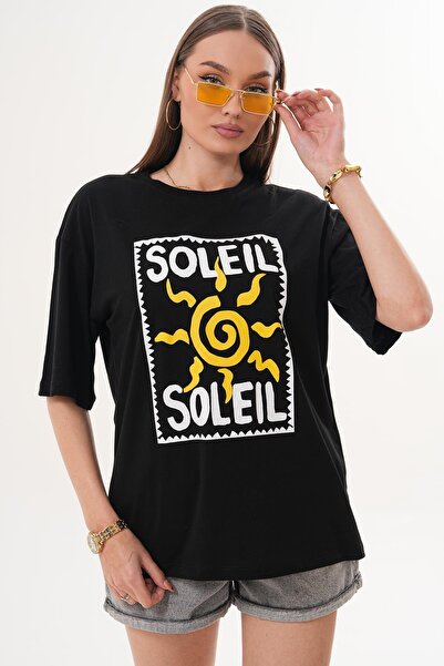 ŞİMAL تي شيرت نسائي كبير الحجم بياقة دائرية وتفاصيل مطبوعة 260155 -