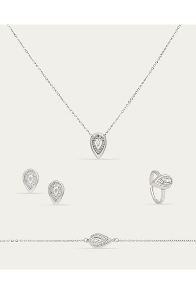 Un طقم اكسسوار قطرة الندى الفضية بتصميم ناعم مزين بالزركون