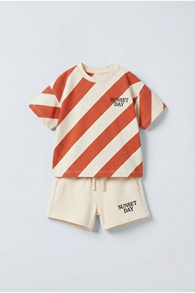 Magu Boys' Cotton Orange Striped T-Shirt and Beige Shorts Set