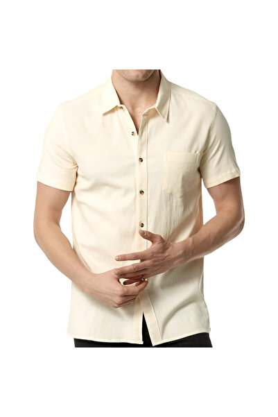 OEM Men's Casual Shirt - Cotton and Linen, Slim Fit, Short Sleeve - Beige, M