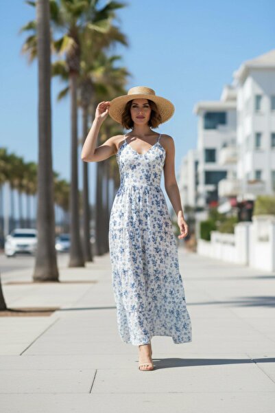 Mossta Patterned Single Jersey Dress with Rope Straps and Tie Back - Blue