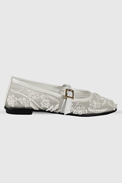 Modezya Emilia White Patterned Belt Detail Oval Toe Women's Ballerinas