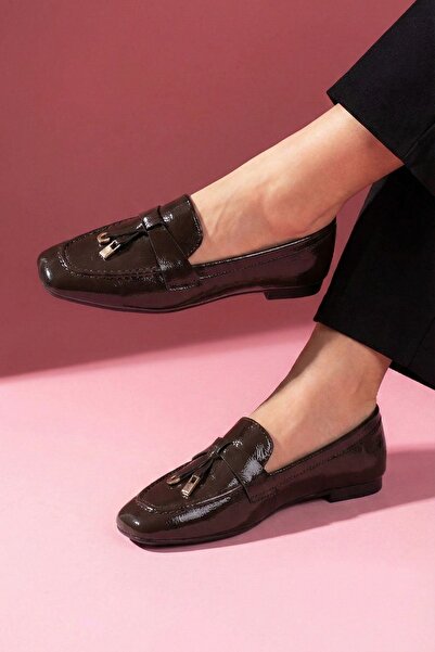 FUGA MODA Viona Brown Wrinkled Patent Leather Loafer Ballerinas with Mini Bow...