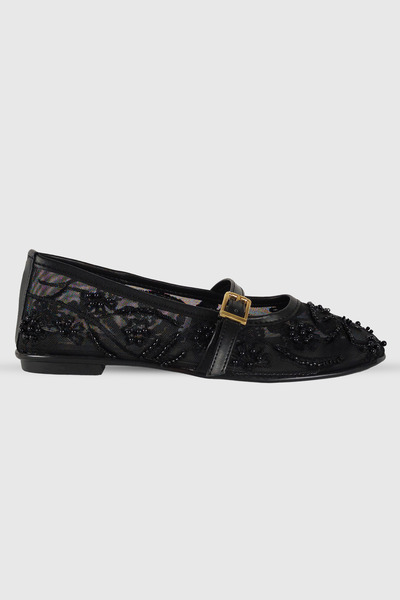 Modezya Emilia Black Patterned Belt Detail Oval Toe Women's Ballerinas