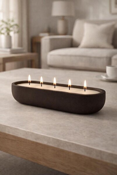 Yalda atelier Marbella Kayık Form 5 Fitilli Büyük Dekoratif Taş Efektli Mum a...