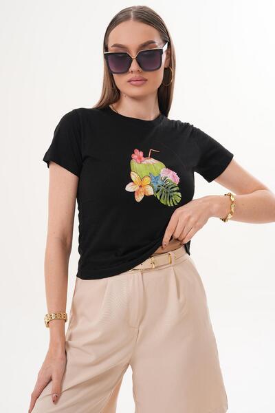 ŞİMAL تي شيرت نسائي بطباعة مفصلة وياقة دائرية 260138 -