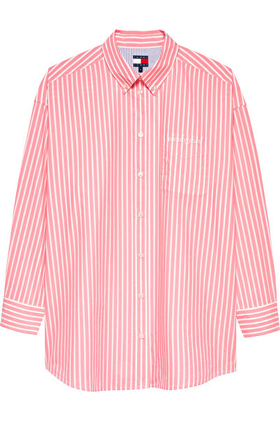 Tommy Hilfiger قميص نسائي من Tjw مقاس كبير من قماش البوبلين باللون الوردي