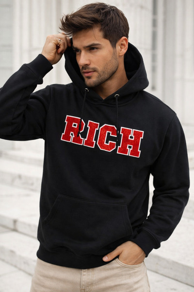 Rich Men's Black Cotton Hooded Printed Sweatshirt