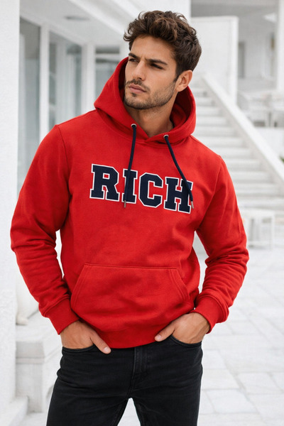 Rich Men's Red Cotton Hooded Printed Sweatshirt
