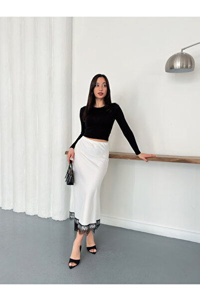 Ekim Store Lace Detailed Midi Length Luxurious Satin Skirt