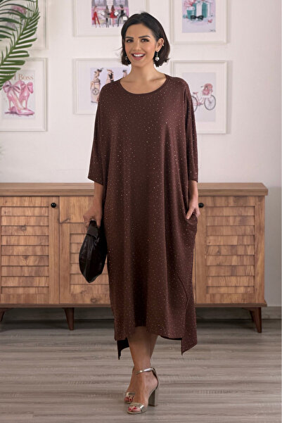 Nevin Kaya Moda Brown Sprinkled Stone Crystal Viscose Dress