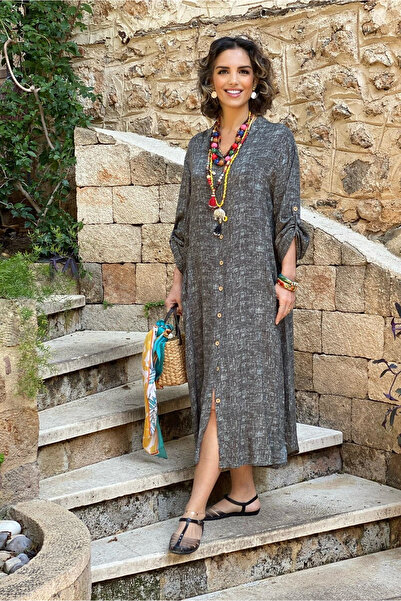 Nevin Kaya Moda Gray Color 100% Cotton Viscose Judge Collar Shirt Dress