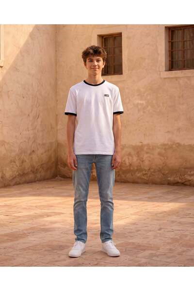REDTAG Senior Boys White Stretch Ringer T-Shirt