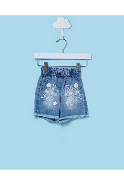 REDTAG Infant Girls Light Wash Shorts with Embroidery Details