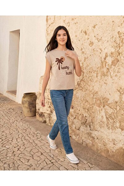 REDTAG بلوزة بيج بأكمام طويلة وقصة مربعة للبنات في المرحلة الثانوية، مزينة بت...