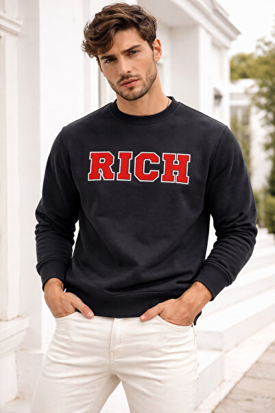 Rich Men's Black Cotton Crew Neck Printed Oversize Sweatshirt