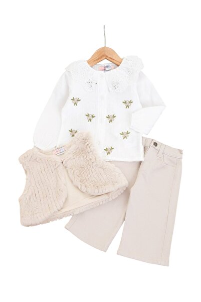 voyyo kids baby Set 3 piese pentru fetițe: vestă de pluș, cămașă cu detalii f...