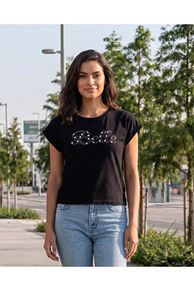 REDTAG Women Black Embellished T-Shirt