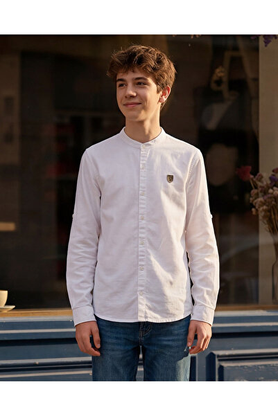 REDTAG Senior Boys White Mandarin Collar Shirt With Metal Badge