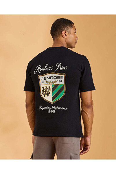 REDTAG Men Black Embellished Terry T-Shirt