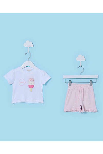 REDTAG Infant Girls White Ice cream Top and Pink Shorts Set